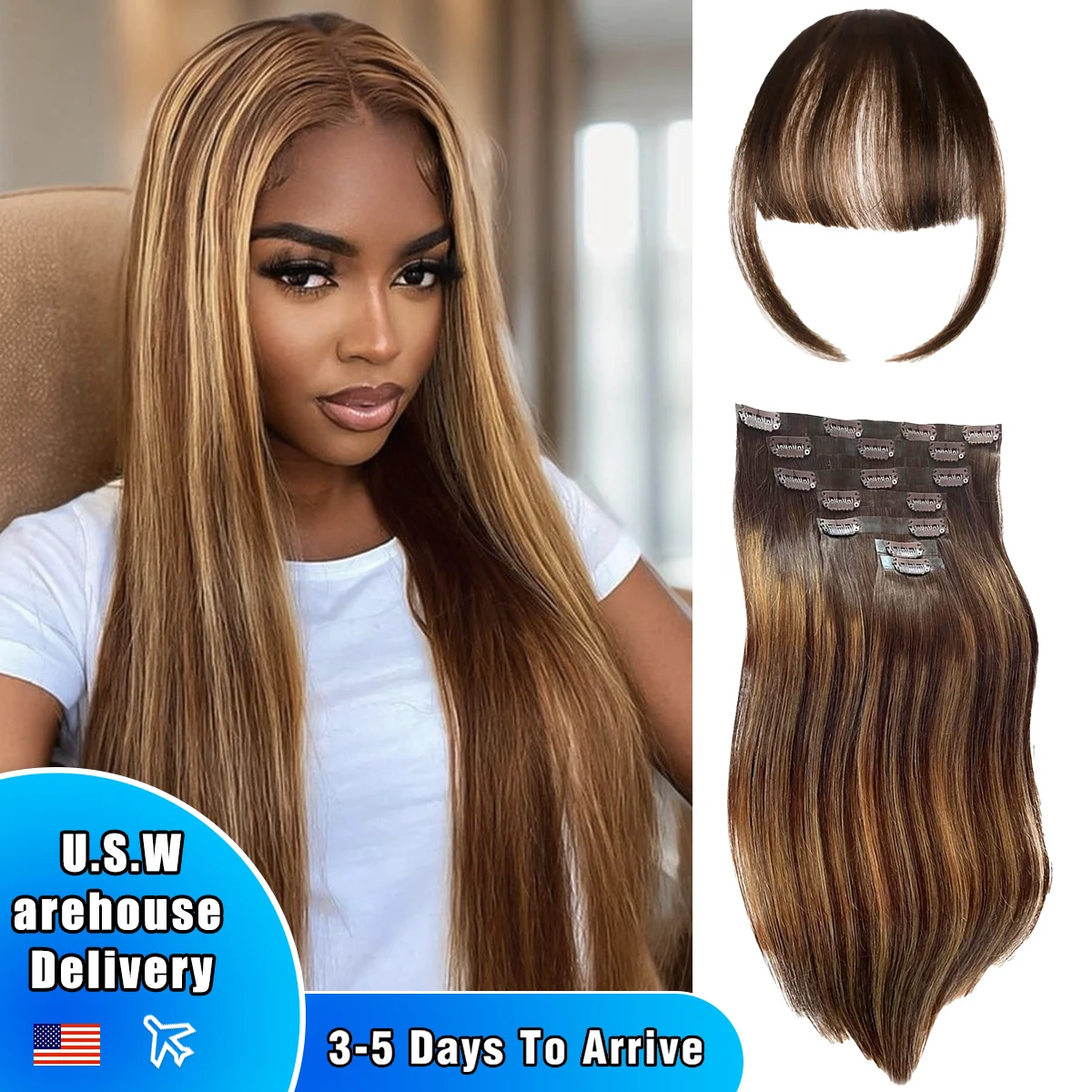 Clip In Hair Extensions 100% Remy Hair Straight Full Head Human Hair Clips #4 Chocolate Brown Color 140G/Set #4/27 Highlight