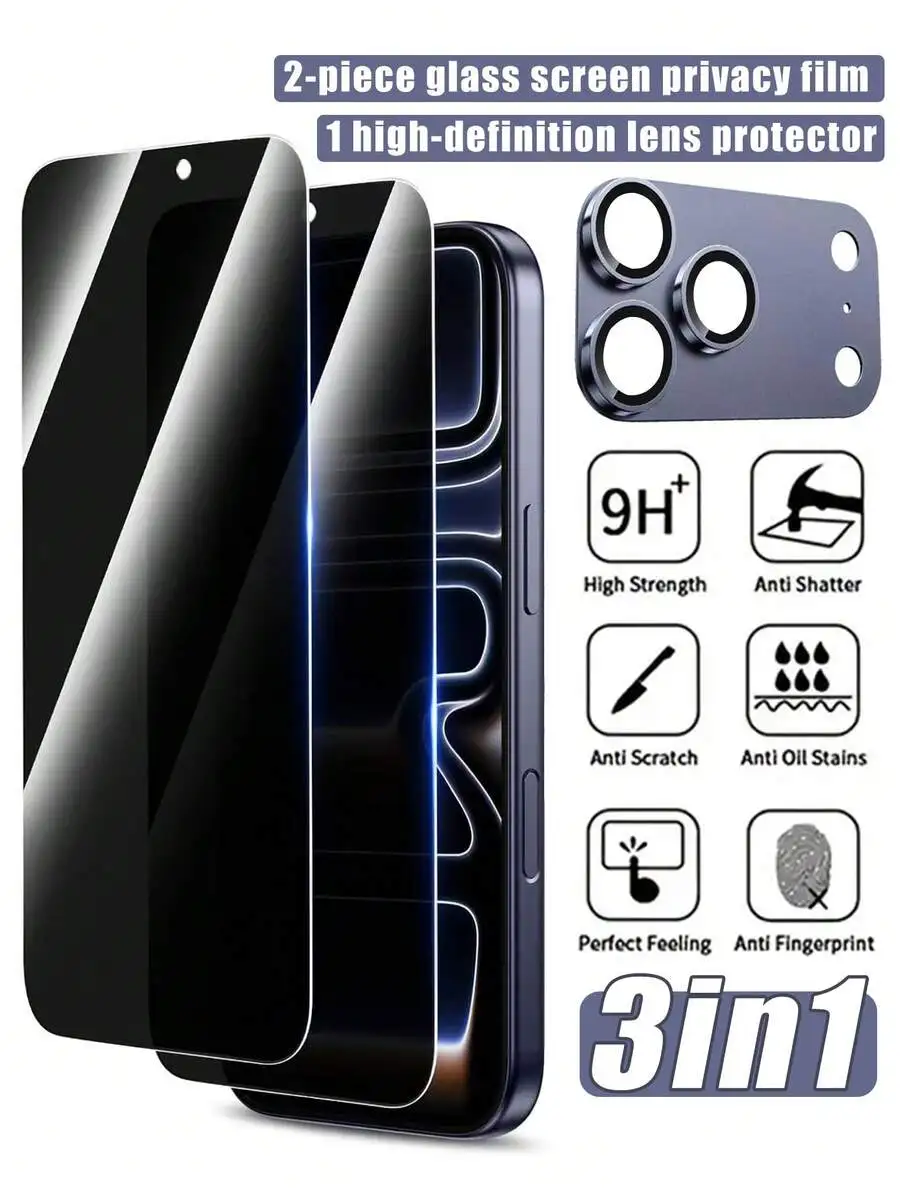3 In1 2 Stück Sichtschutz-Displayschutzfolien und 1 Set Rüstungskamera-Objektivschutz kompatibel mit iPhone 17/16/15 Pro Max/15 Pro/14/13