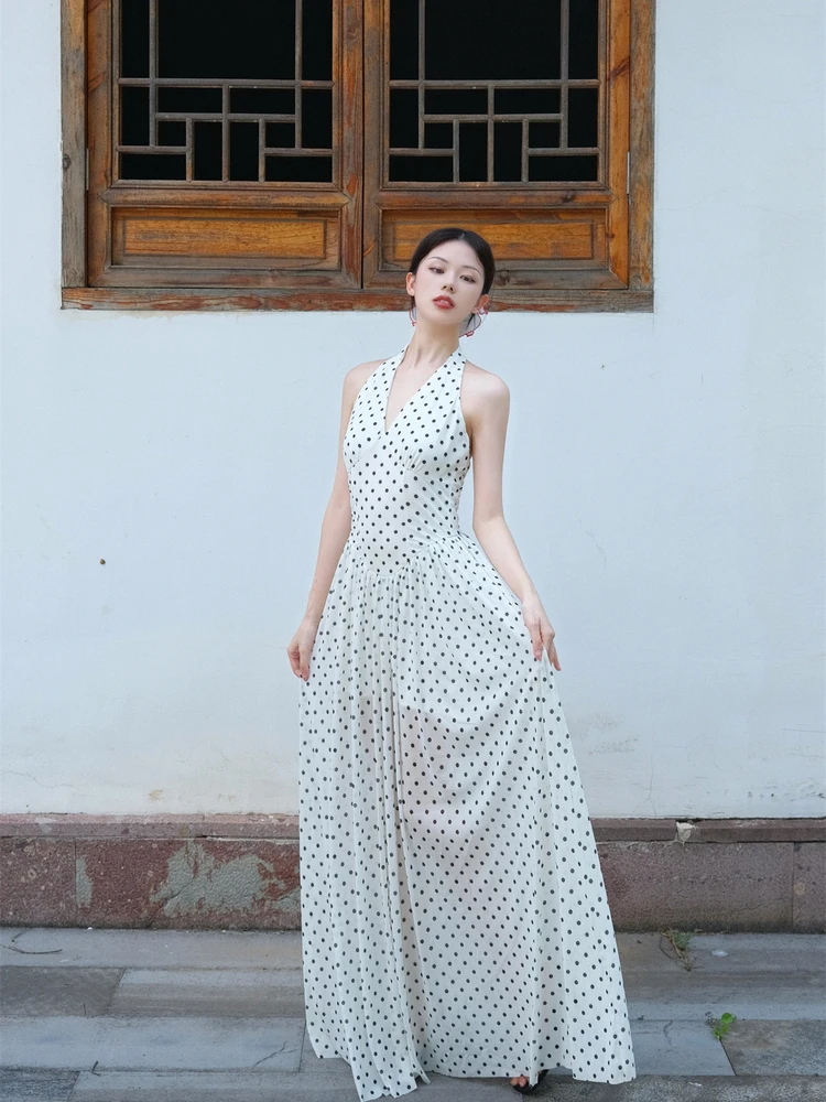 

French Sle Polka Dot Long Dr Ne Hanging Holiday Slimming Skirt Print Waist Cinched High Elastici Polyester Dr