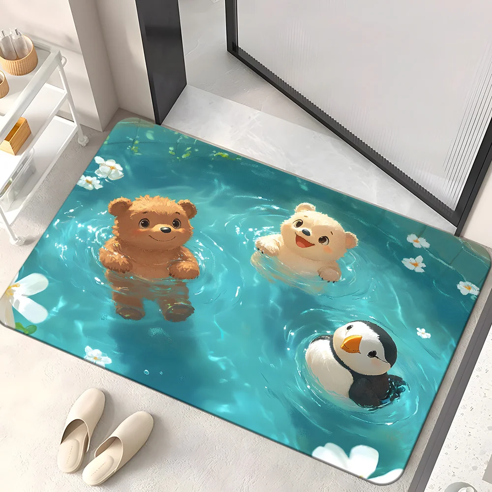 Cute Cartoon Bears and Puffin Entrance Mat, Non-Slip Washable Floor Rug, Swimming Pool Style Home Decor Carpet