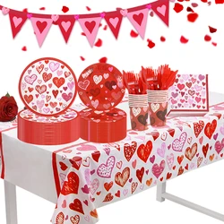 Love Heart Disposable Tableware for Wedding Valentine's Day Tableware Anniversary Birthday Party Paper Plates Cups Tablecloth
