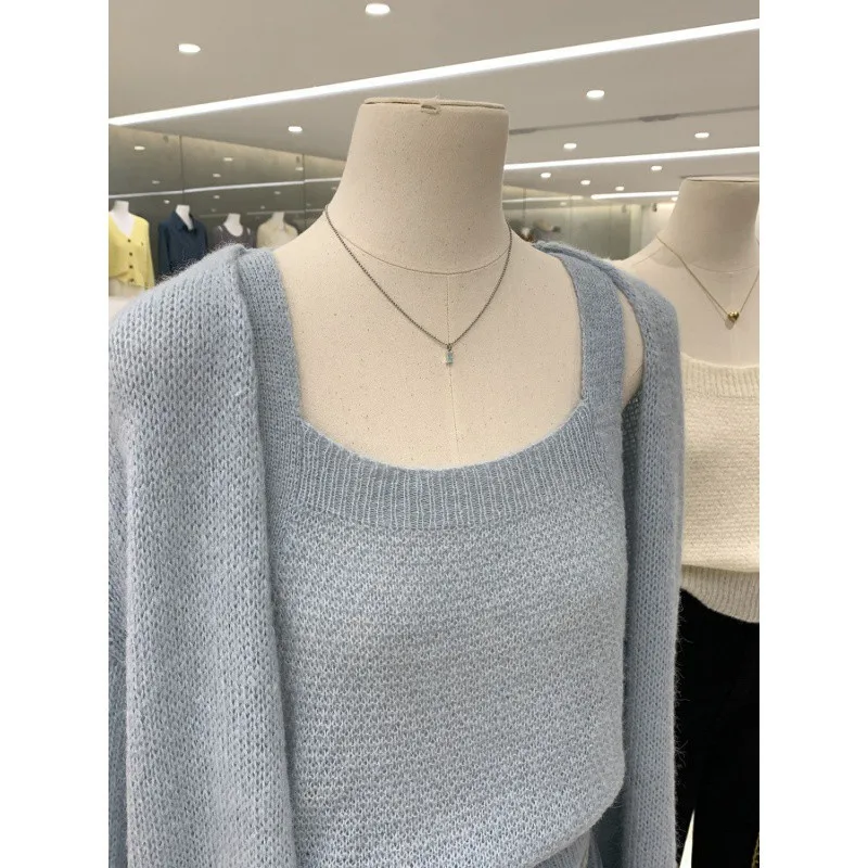 Knitted Cardigans + 2 Piece Women Sweater Camisole Cardigans Casual Solid Loose Open Stitch Sets Female Spaghetti Strap Vest