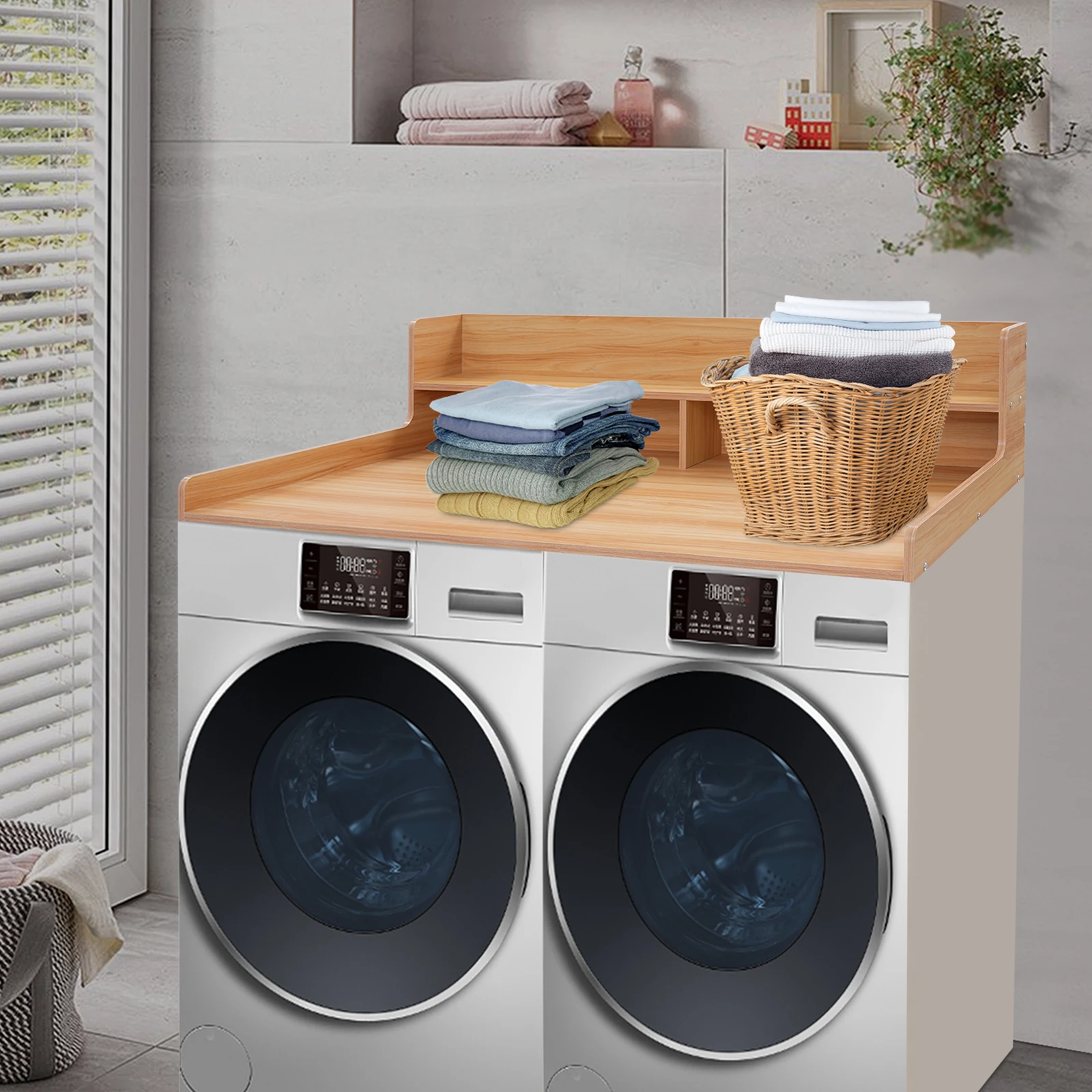Solid Wood Washing Machine Countertop Shelf,2‑Tier Laundry Storage Organizer Anti‑Vibration Protector For Front‑Load Washer Dryer