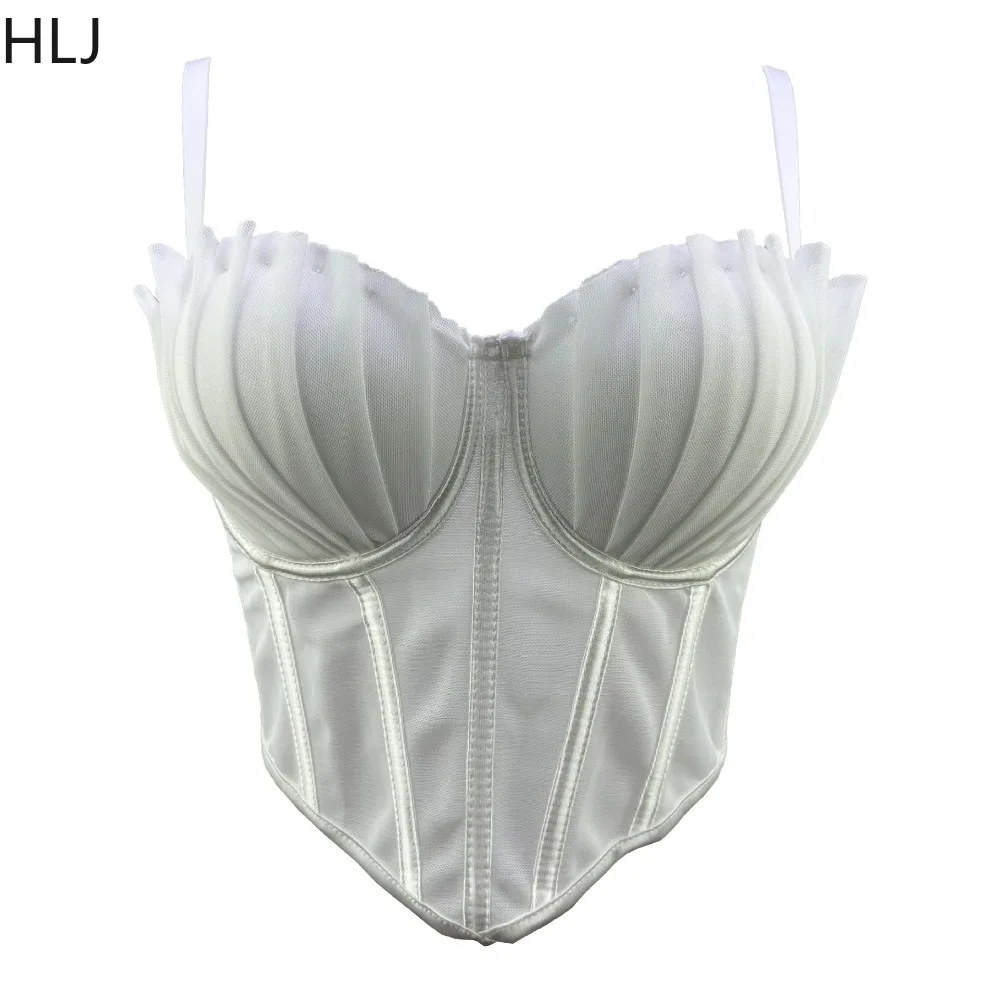 HLJ White Sexy Mesh Ruched Corset Vest Two Pece Sets For Women Strap Slim Crop Top And Puffy Mini Skirts Nightclub Outfits 2024