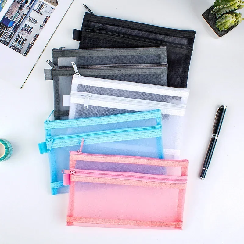 Double Layer Mesh Pencil Bag High Capacity Zipper Stationery Pens Organizer Bag Multipurpose Nets Toiletry Kits Nylon Pens Case