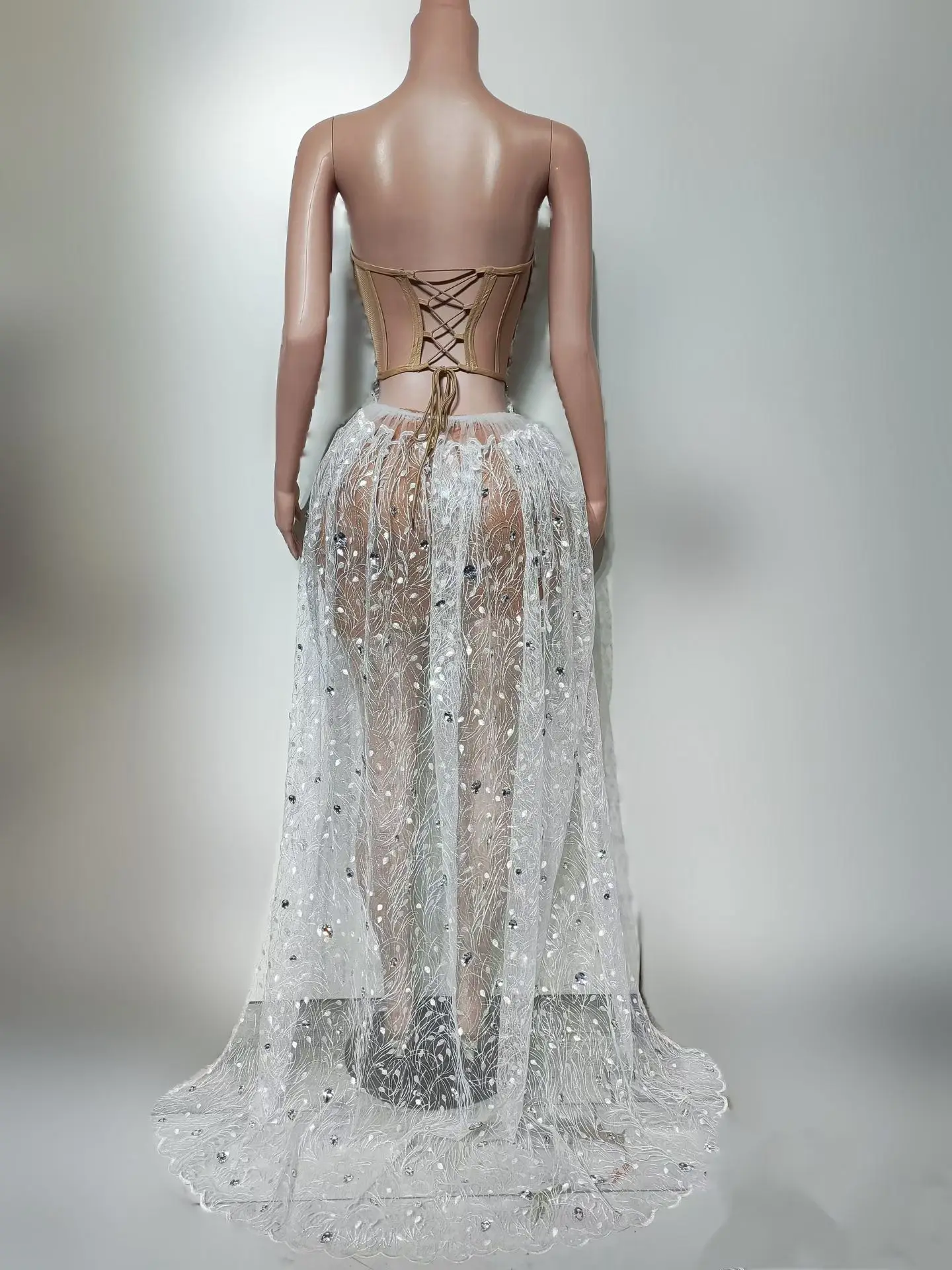 Sexy Women Strapless Bandage Crop Tops Mini Skirt 2Pieces Set Sparkly Sequins Rhinestone See Through Mesh Party Outfit Yuntang