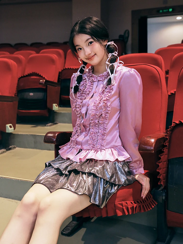 

Original Design Pink Purple Gingham Check Satin Shirt Women's Slim Fit Button Detail Long Sleeve Floral Lace Collar Top