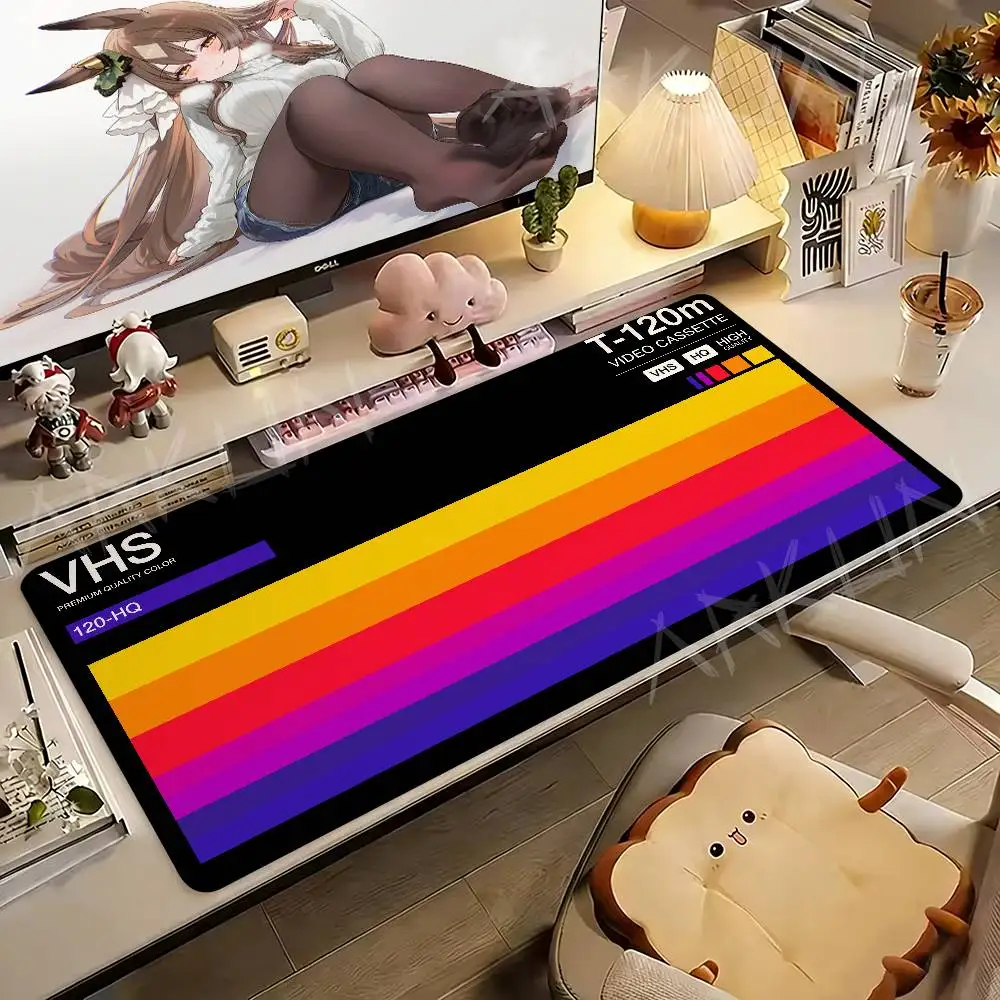 Retro 90s VHS Video Cassette Large Mouse Pad Rainbow Stripes Non-Slip Rubber Desk Mat Vintage Aesthetic Keyboard Protector