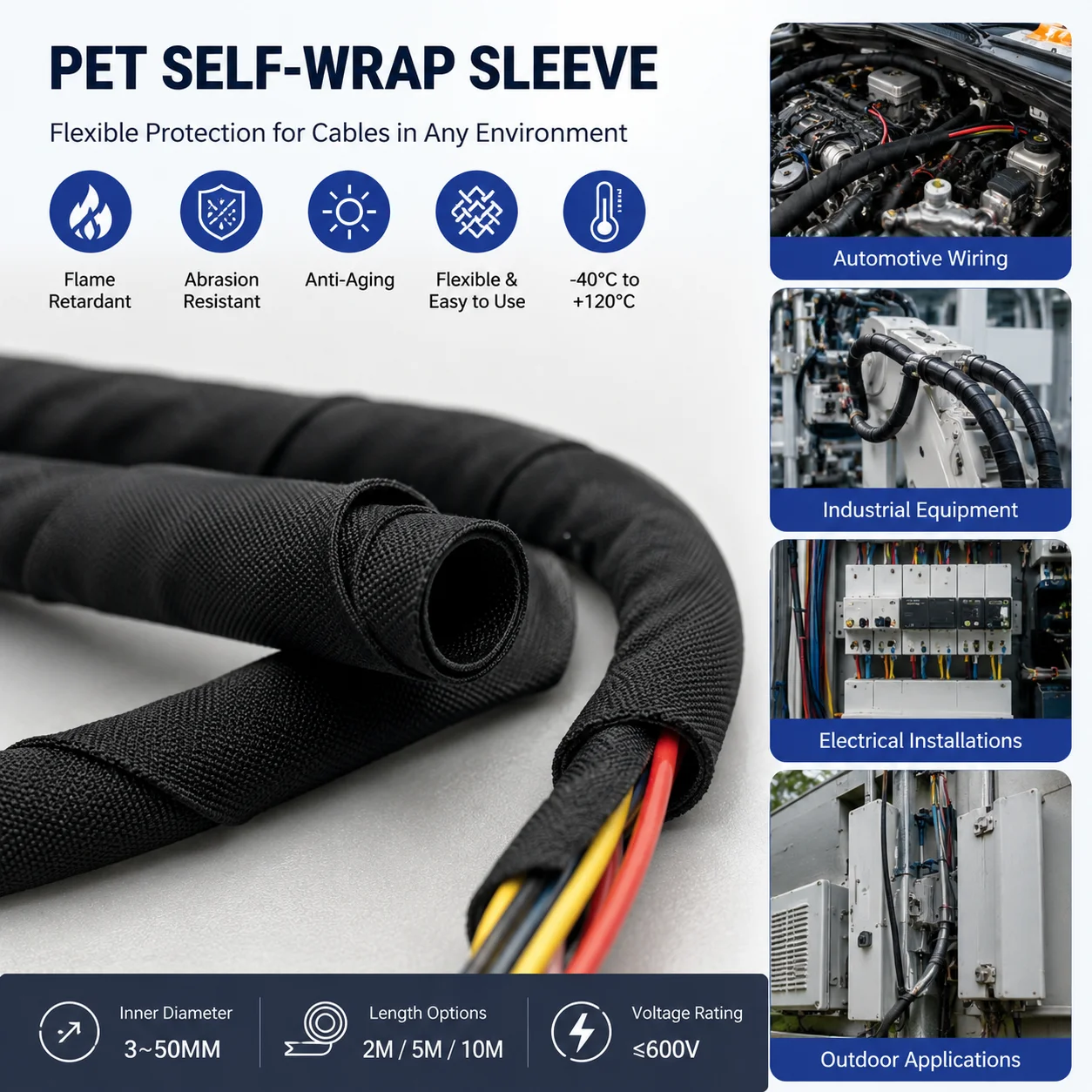 10/5/2M PET (Polyester) Fabric Opening Self Rolling Sleeve ID 3‑50mm Anti Friction Noise Reduction Lightweight Fabric Sleeve
