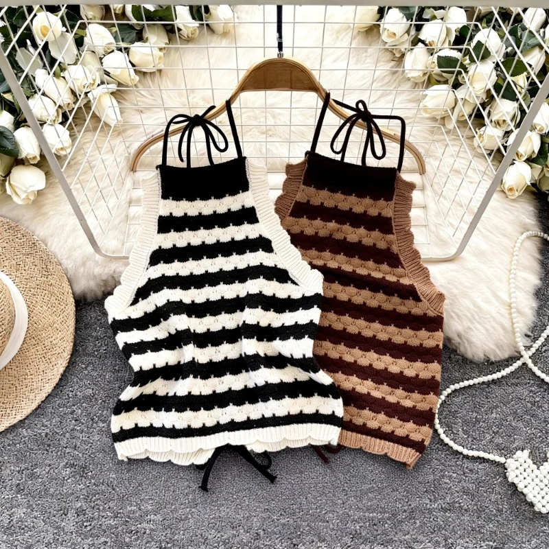 Black White Stripe Scalloped Knit Vest Women's Halter Neck Tie Back Stretchy Casual Sweet Y2K Sleeveless Sweater Tank Top