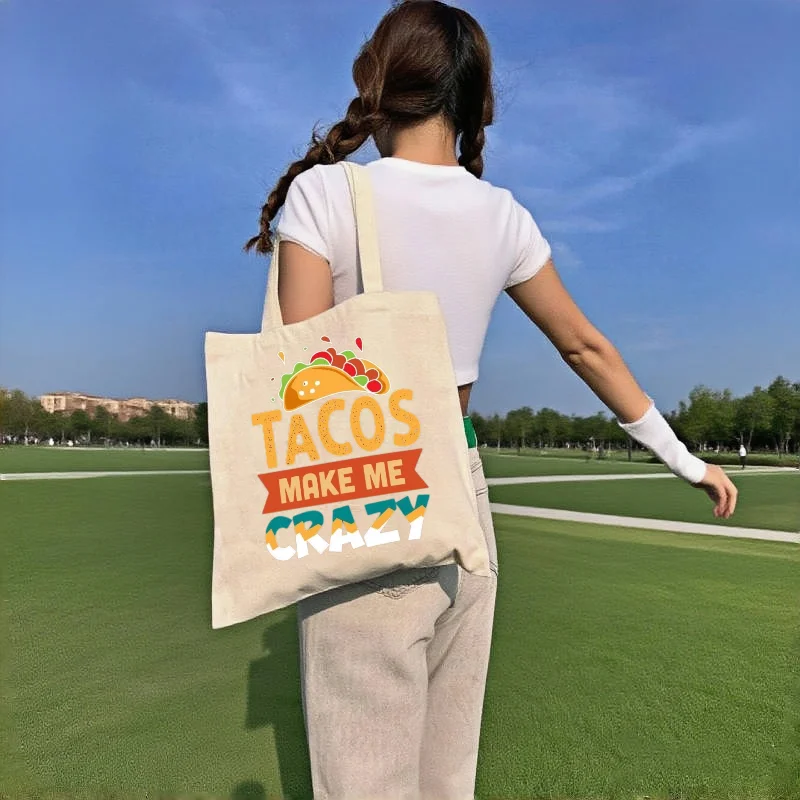 1pc Tacos Make Me Crazy Funny Mexican Food Canvas Tote Bag Double-sided Printed Casual Reusable Shopping Shoulder Handbag