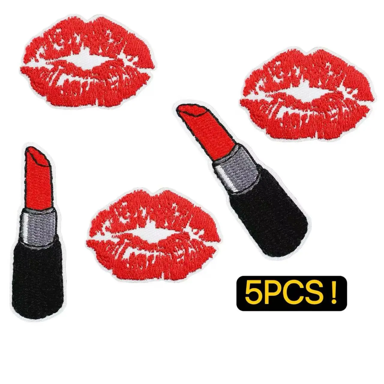 5Pcs Y2K Glam Sexy Lips Iron On Patches - Embroidered Lipstick Kisses Design for Denim Jackets, Bags Backpackes, Clothing DIY