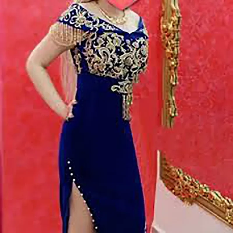 Royal blue velvet V-neck fringe hat sleeve Gold lace decal sexy side slit Luxury women's formal occasion party evening dress