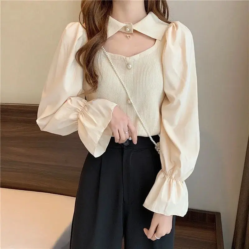 Sweet Korean Patchwork Slim Shirt Tops Spring Autumn Long Sleeve Hollow Out Solid Trend T Shirts Fashion Elegant Women Cloth