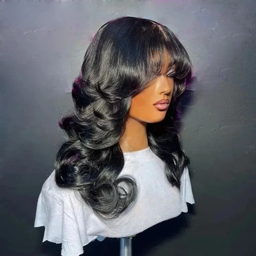 Natural Black Colored Body Wave With Bangs 200 Density Lace Frontal Wig Glueless Wig For Women Daliy 13x4 HD Lace Wigs