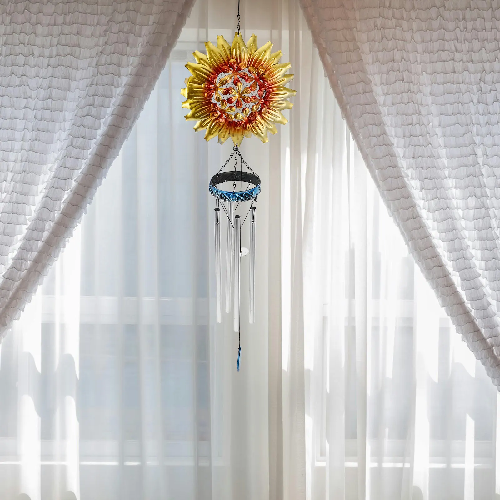 1Pcs Metal Wind Chime Golden Yellow Sunflower Iron Art Windbell Tube Home Yard Hanging Decoration Melodious Sound
