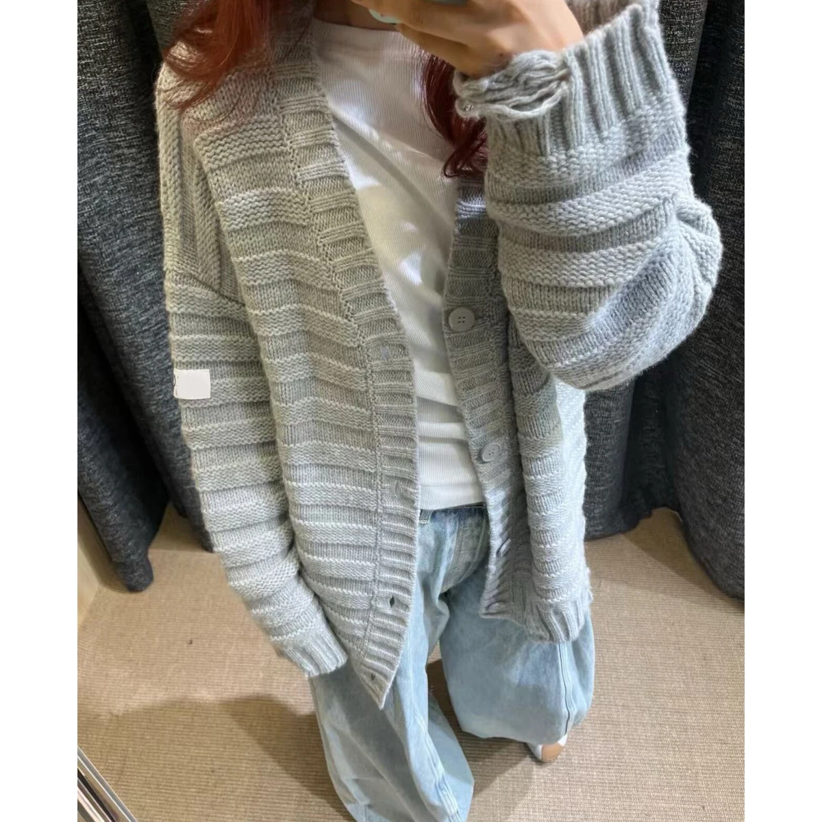 

Свободный шерстяной вязаный кардиган с асимметричным узором из отверстий, женский осенний повседневный модный трикотаж с длинными рукавами