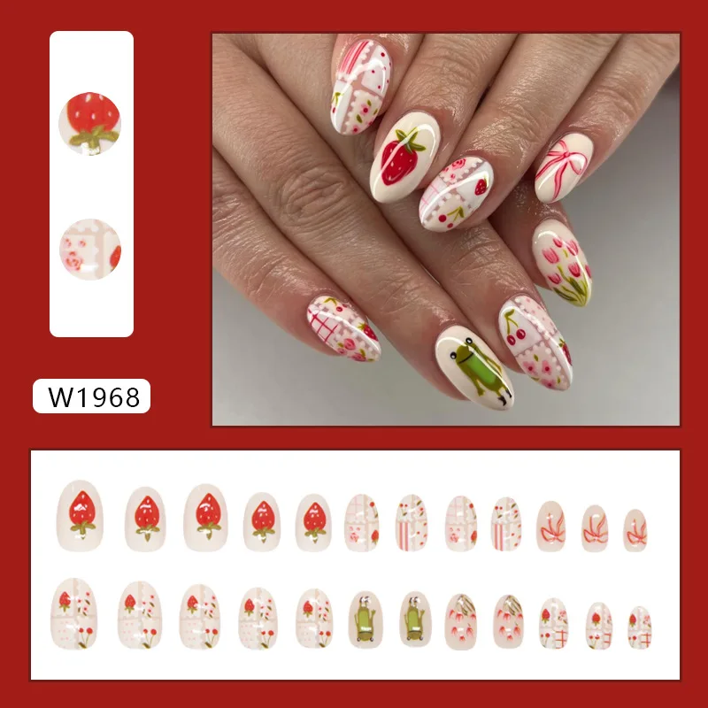 

24pcs Sweet Strawberry Press-On Nails-Bow & Tulip Design Short Almond Shape (Multi Sizes) Milky White Base Coverage Nail Art Kit