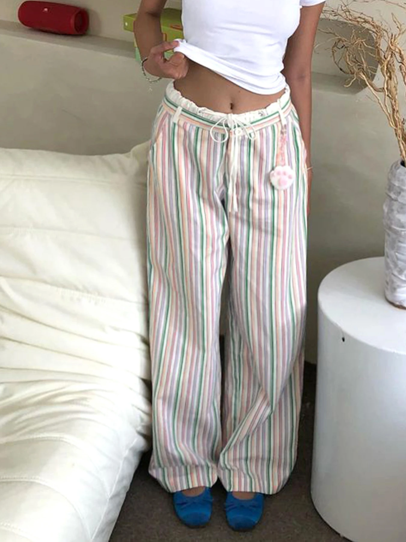 

Weekeep Y2k Colorful Striped Casual Pants Cute Coquette Loose Ruched Lace Stitching Straight Trousers Korean Fashion Women Pants