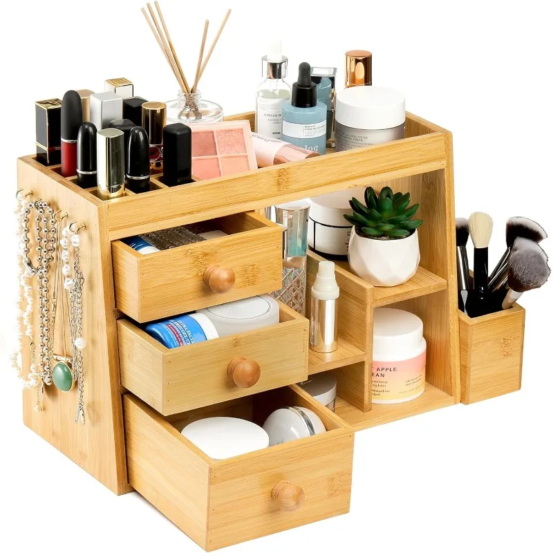 Bamboo Makeup Organizer with 3 Drawers & 12-Grid Lipstick Holder, Desk Bamboo Vanity Jewelry Organizer