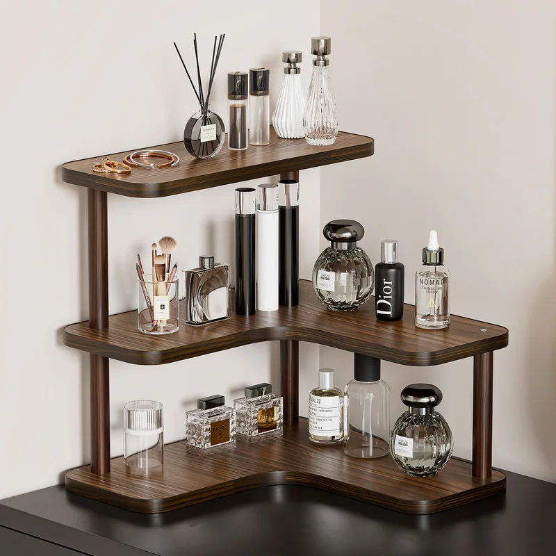 L-Shaped 3-Tier Corner Shelf Wooden Desktop Organizer Walnut Storage Rack for Coffee Bar Cosmetic Spice Kitchen Counter Stand