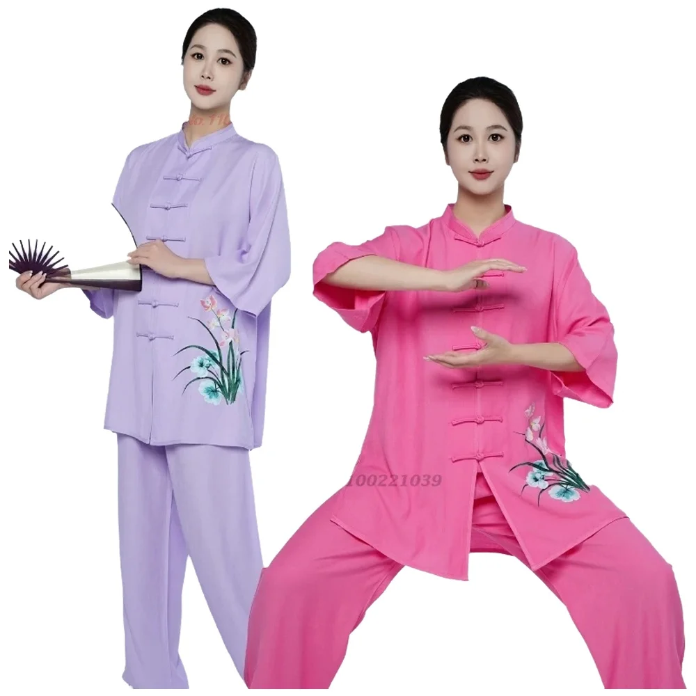 Strój do chińskiego tai chi wushu 2026, uniform do kungfu, strój do treningu, retro kwiatowy nadruk, bawełna i len, sztuki walki wushu, na zewnątrz, do chodzenia. — zdjęcie 2