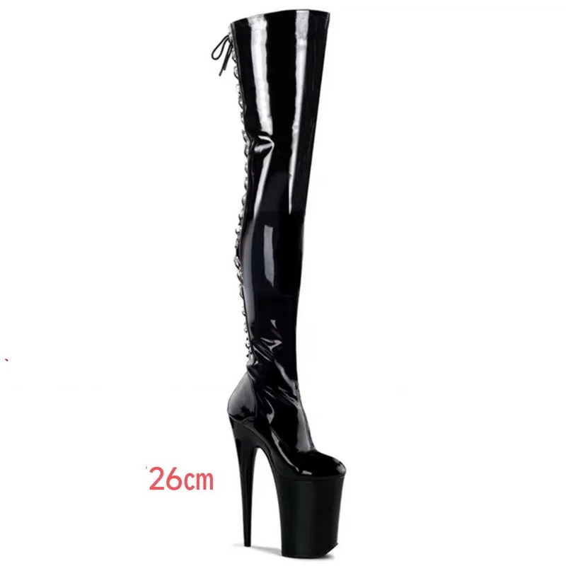 FHC Women Platform Thigh Boots,Extreme 26cm High Heels Booties,Patent Leather Pole Dance Shoes,Long Botas,Black,Red,Dropship