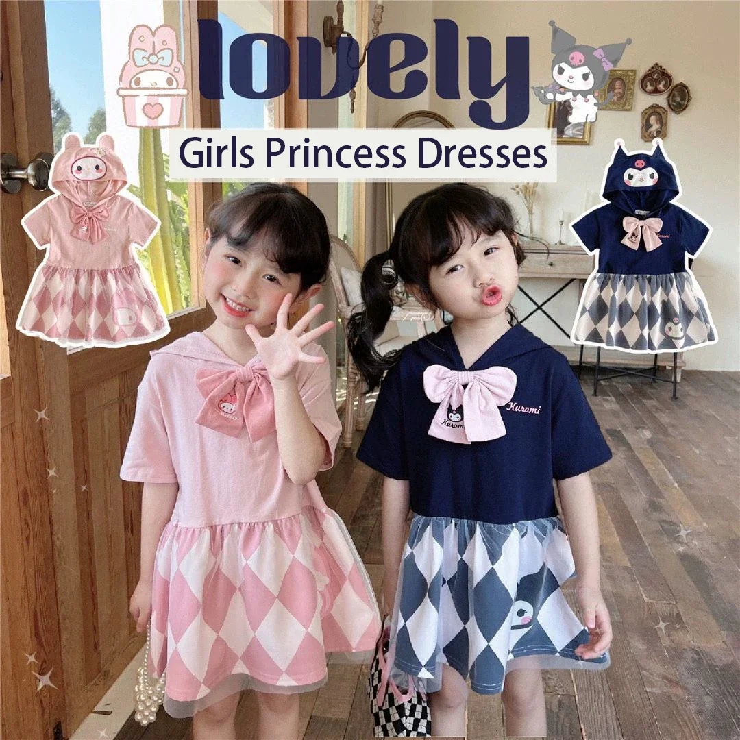 

Sanrio My Melody Print Girls Princess Dresses Kuromi For Leisure Kids Cartoon Cute Comfortable Casual Vacation Summer Dress Gift