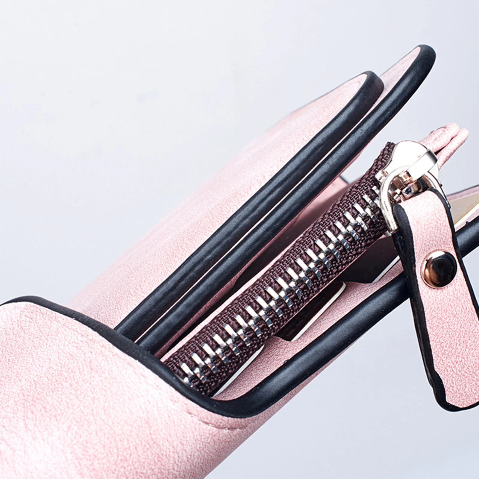 Portafoglio con chiusura a scatto per donna Portafoglio lungo in PU satinato con cinturino da polso Borsa con cerniera Pochette multitasche Uso quotidiano Rosa