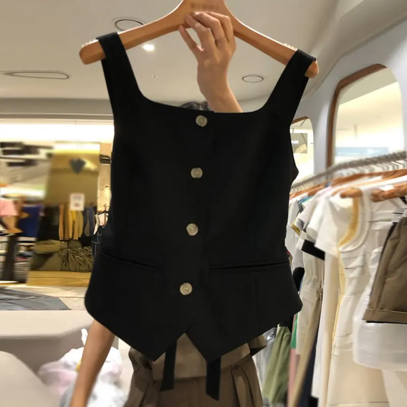 KUSAHIKI Fashion Single Breasted Square Collar Sleeveless Waistcoat Korean Slim Elegant Vest 2023 New Chic Outwear Vests Top