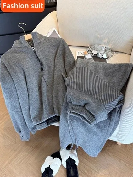 Trendy Thickened Fleece Women's Sportswear Set Casual Loose Fit Hoodie And Pants High Waist Trousers Drawstring Design Winter...