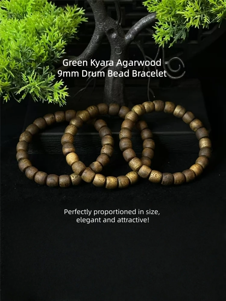 Autentyczna bransoletka z zielonego agarwoodu Kyara, koraliki w kształcie bębna 9 mm, pojedynczy obręcz, chiński styl etniczny i minimalistyczny design, vintage koraliki modlitewne. — 2