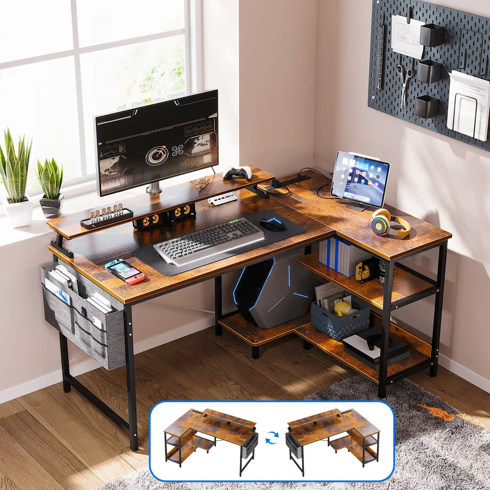 

48 inch Reversible L Shaped Gaming Desk with USB Charging, Corner Computer Desk , Home Office Desk , Vintage