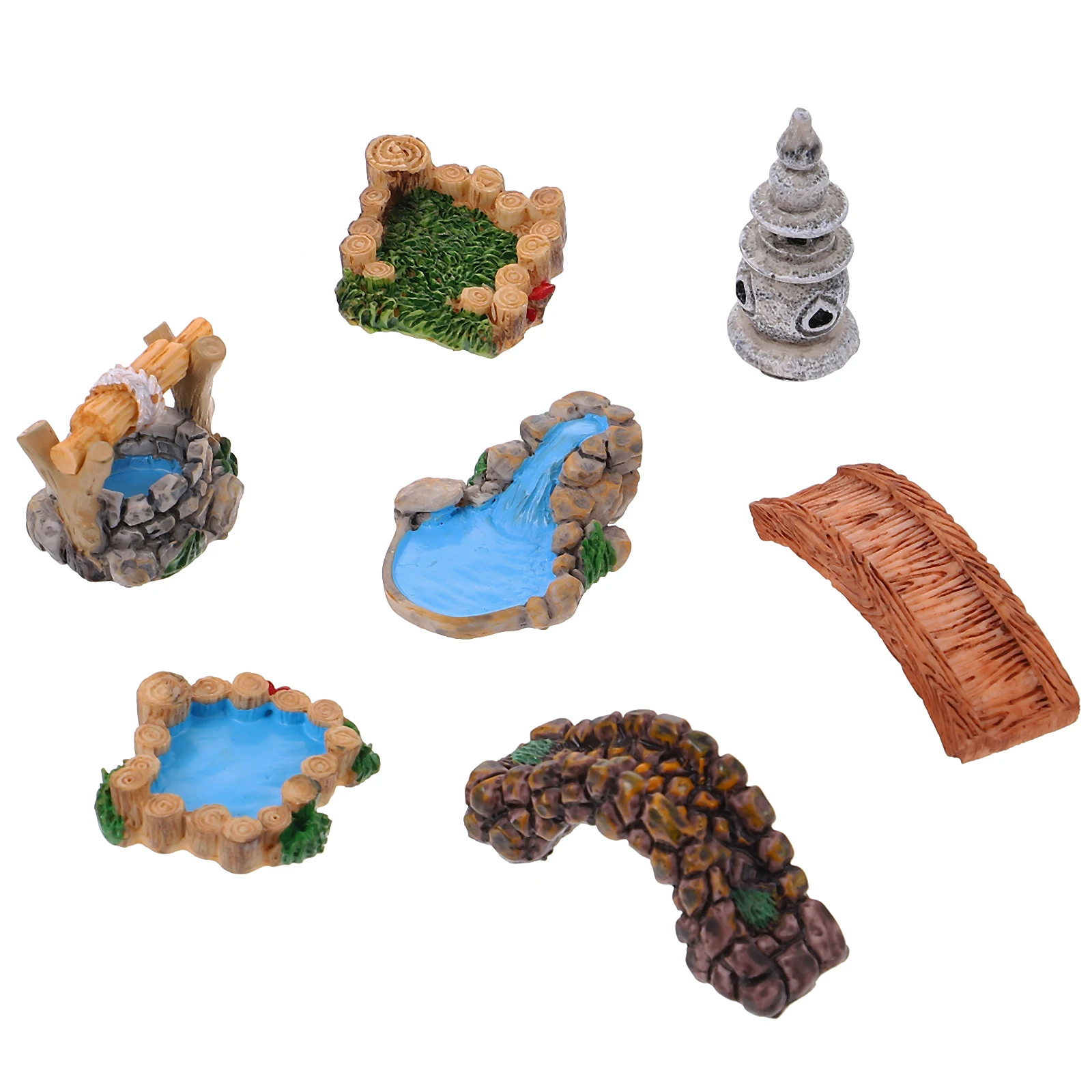 

7pcs Retro Resin Ornaments Vintage Landscape Decor Mini Garden Accessories Bonsai Scene Grass Ornament Resin Bridge Statue