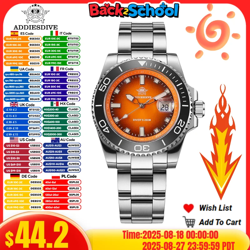 

ADDIESDIVE New Men Watch AD2089 Top Brand Luxury Ceramic Bezel Diving 200m 41mm Waterproof Dive Wristwatch 316L Stainless Steel