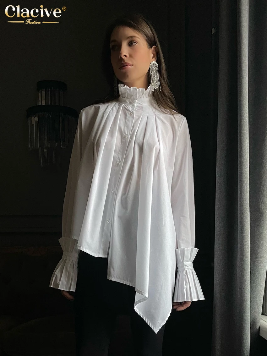 

Clacive Fashion Loose White Cotton Women's Blouse Elegant Stand Collar Long Sleeve Shirts Casual Ruched Tops Female Clothing