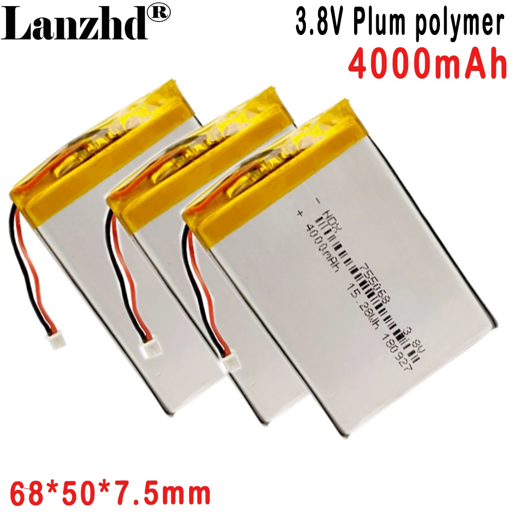 3.8V Li polymer cell 755068 4000mAh For laptop power bank LED lamp phone battery monitoring device