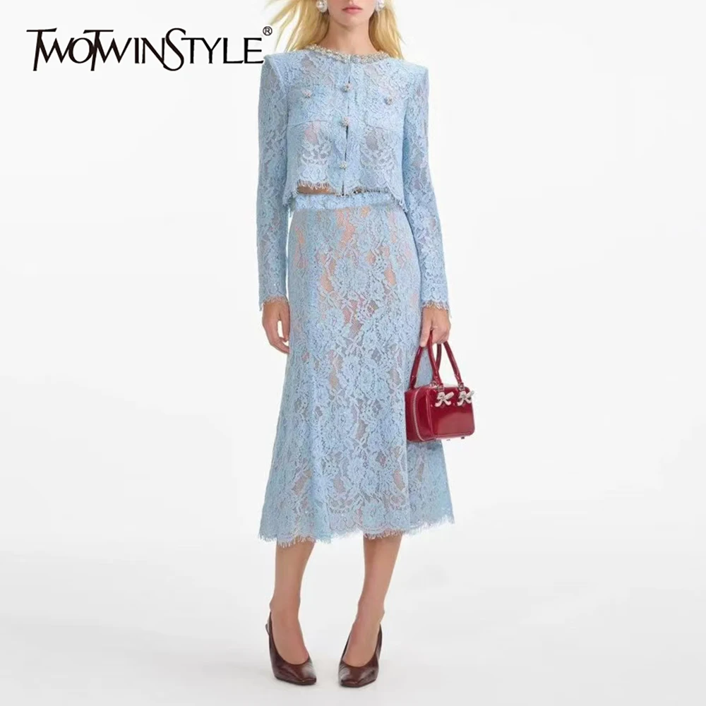 

TWOTWINSTYLE Solid Two Piece Set for Women Round Neck Long Sleeves Spliced Single Breasted Top High Waist Skirt Sets Female New