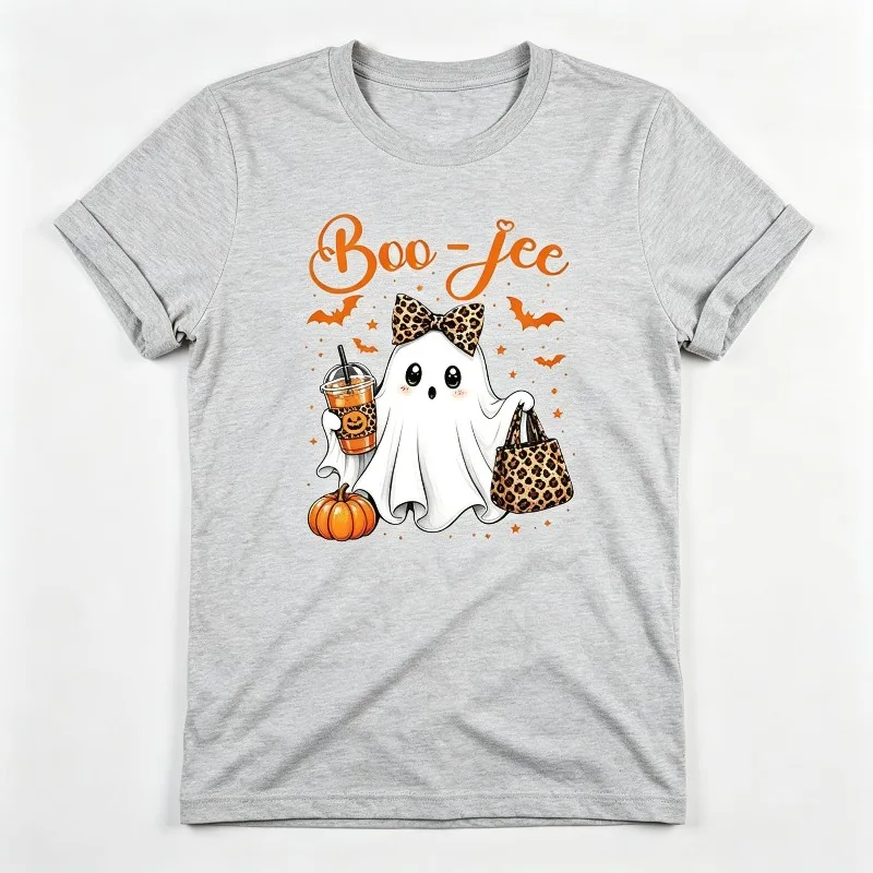 “Boo-Jee” T-Shirt for Women Cute Ghost Leopard Print Halloween Graphic Pumpkin Bat Casual Cotton Top Spooky Female Tee Gift