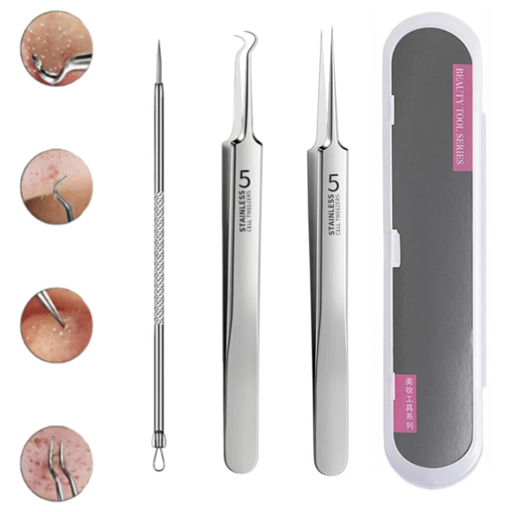 휴대용 3개 세트 스테인리스 블랙헤드 여드름 제거 핀셋 클립 여드름 바늘 딥 클리너 메이크업 도구 피부 관리용