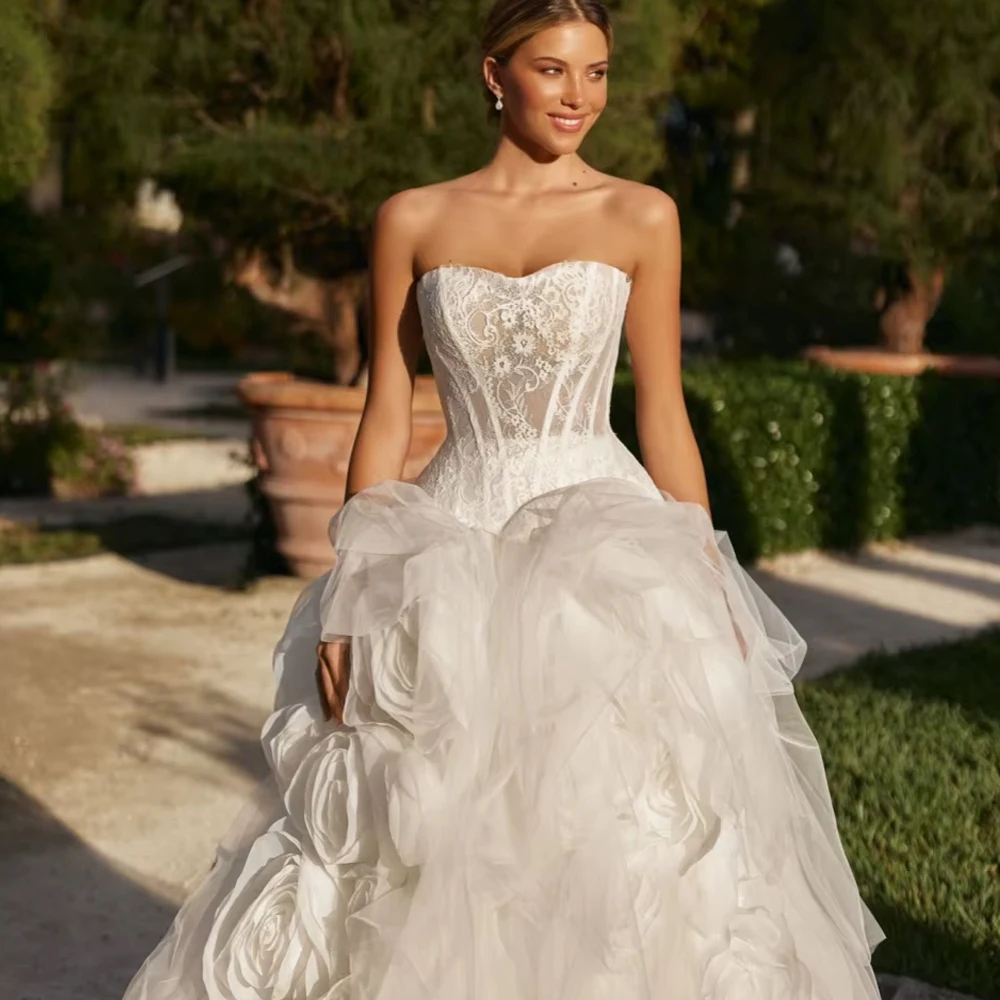 Personalizado romântico elegante 3d flor renda longo vestido de casamento para mulher noiva sonhador sem alças a linha encantador vestido de noiva