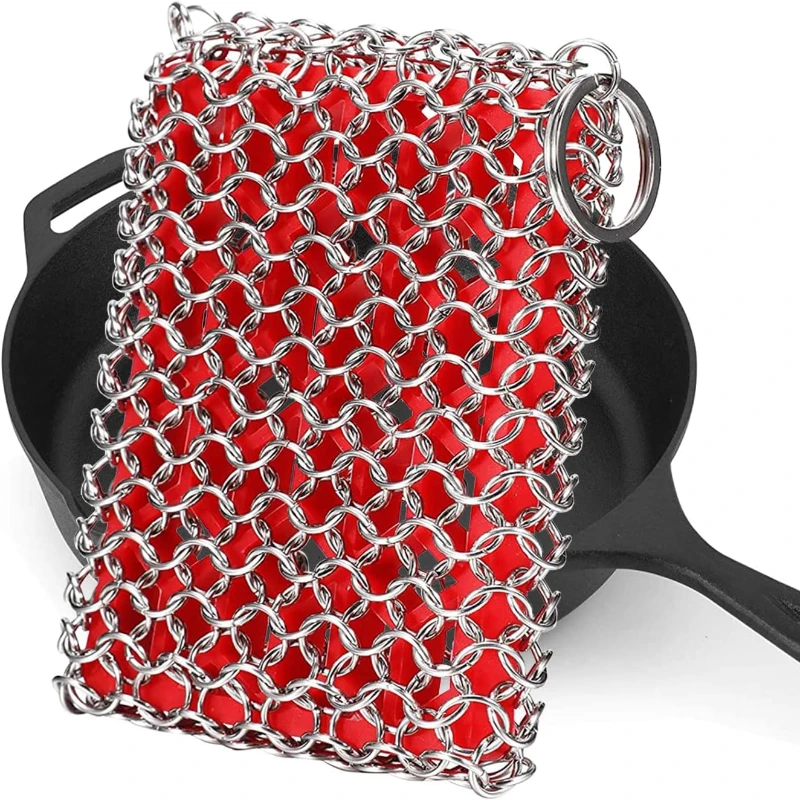 Cast Iron Skillet Cleaner, 316 Stainless Steel Chainmail Cleaning Scrubber with Silicone Insert for Cleaning Castiron Pan