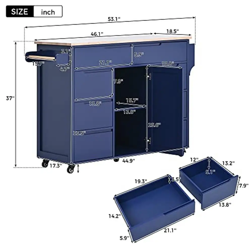 Kitchen Island Cart with 8 Handle-Free Drawers Rubber Wood Countertop Smooth Rolling Lockable Wheels Drawer and Storage Cabinet