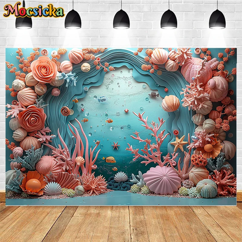 Mocsicka-Fondo de fotografía con temática oceánica, decoración de sirena, Coral, Princesa, fiesta de cumpleaños, pastel, Smash, estudio fotográfico