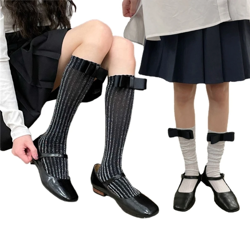 

Women Girls Summer Calf Socks with Bowknot Vertical Stripes Decors Under Knee Stocking Non-slip Calf Socks for Girls