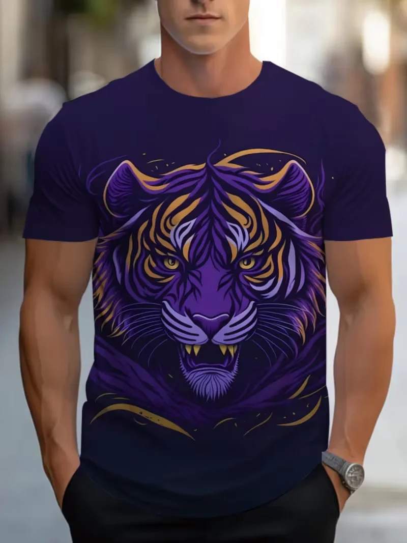 Mens T-shirt fierce tiger portrait purple gold stripe artwork print short sleeve crew neck loose wildlife fashion tee