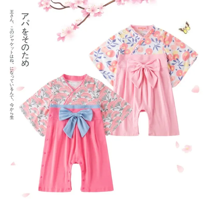 Kids Girl Clothing Kimono Spring Autumn Long-Sleeved Baby Jumpsuit Japanese-Style Large Flower Printed Clothes Bow Romper