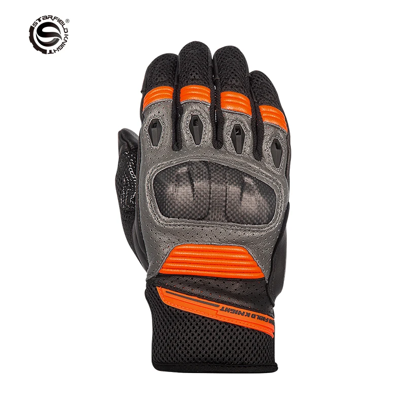 SFK Orange Full Finger Motorcycle Gloves Genuine Leather Breathable Knuckle Protection Touch Screen Motorbike Outdoor Riding