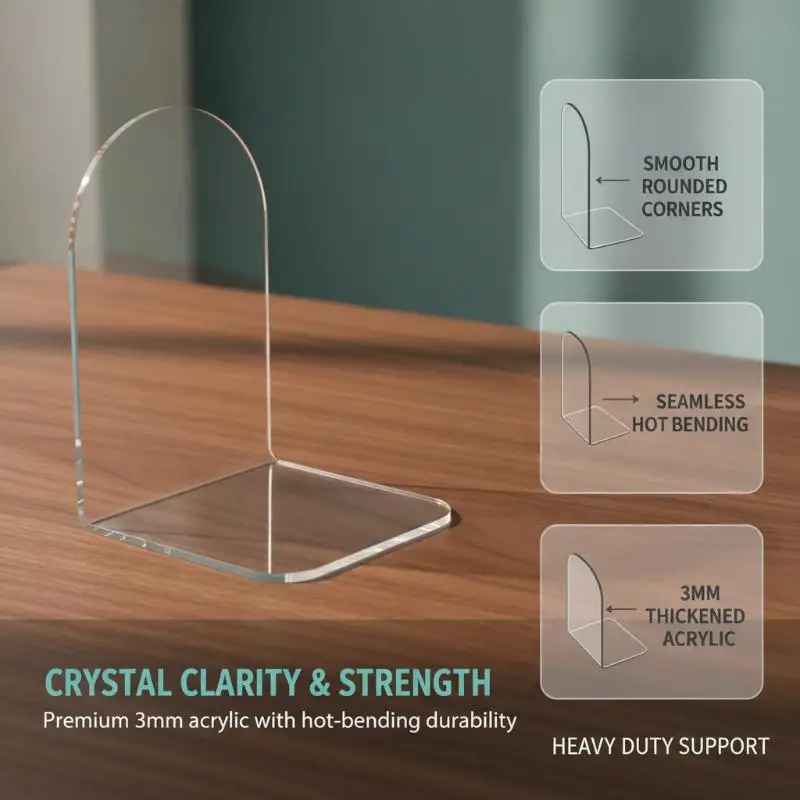 Clear Transparent Acrylic Book Holder, Non-Skid Universal Bookends, Acrylic Book Stopper, Desktop Book Support Accessory