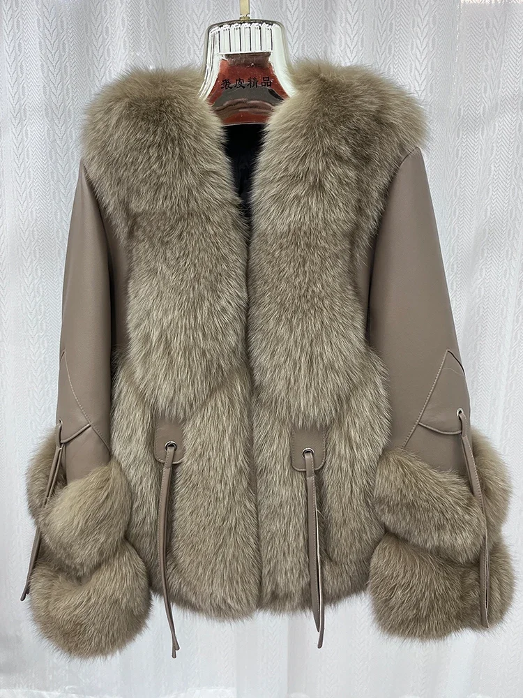 2024 New Women Winter Real Natural Fox Fur Coat Jacket Goose Down Jacket Genuine Leather Luxury Thick Warm Female Coats